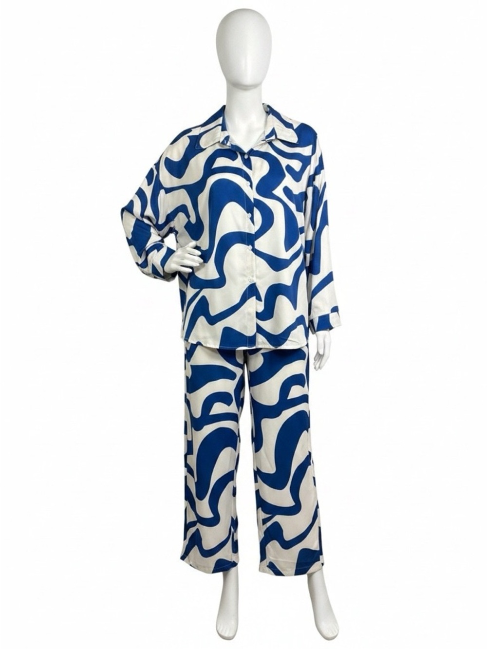 Whimsical Blue & White Wave Print Pant Set